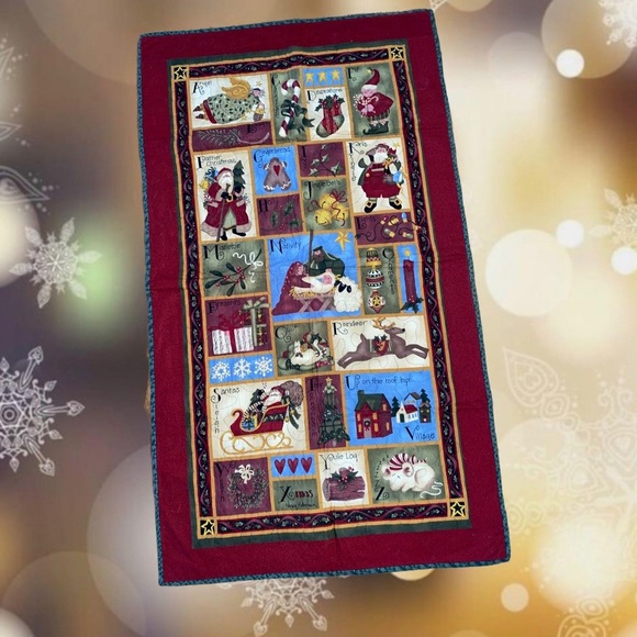 Quilted Christmas tapestry 44.5 x 26 inch Nancy Halvorsen folk art print. - Picture 1 of 2